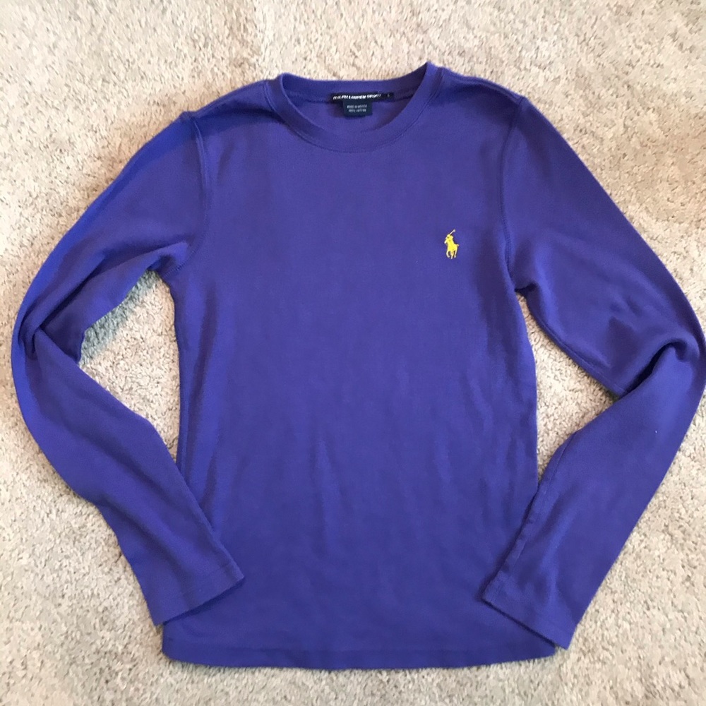 Purple longsleeve Ralph Lauren shirt.